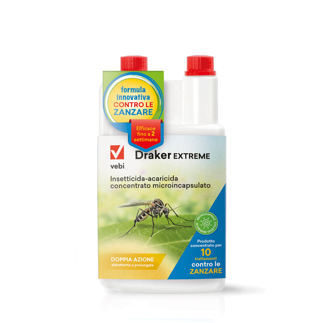 Flacone di Draker, insetticida-acaricida contro zanzare, mosche, vespe, blatte e formiche, pulci e zecche