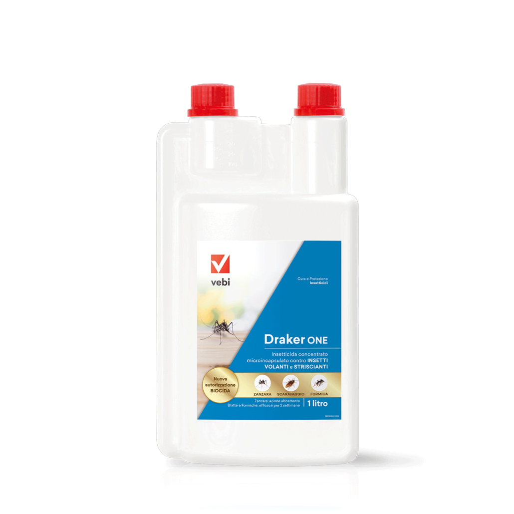 Flacone di Draker, insetticida liquido concentrato contro zanzare, blatte e formiche